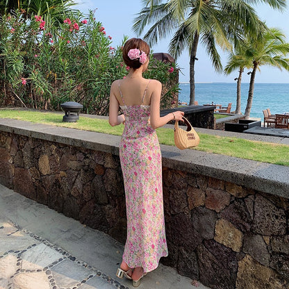 Women's Floral Lace Trim V-Neck Maxi Dress – Sleeveless Bodycon Beach Dress