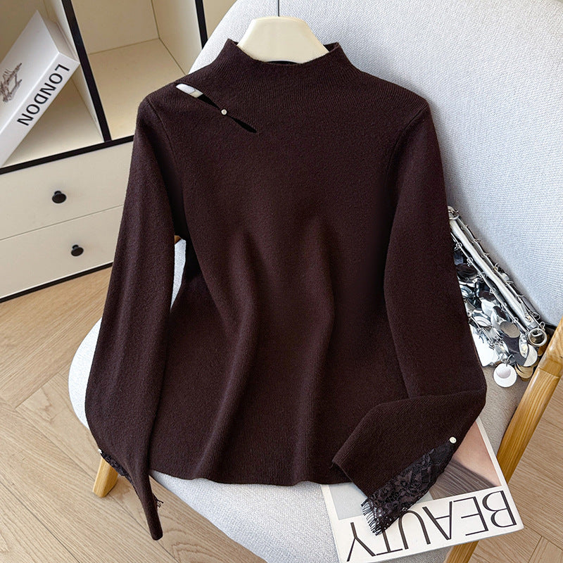 Lace Trim Halter Neck Knit Sweater - Hollow Out Long Sleeve