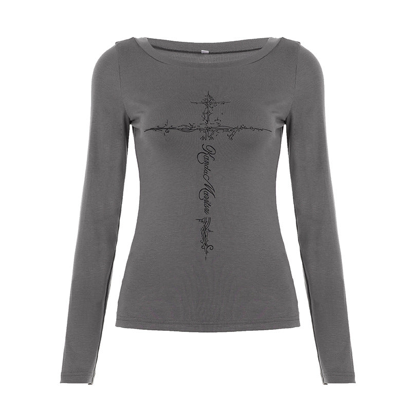 Women's Cross Print Slanted Neck Off Shoulder Long Sleeve Top