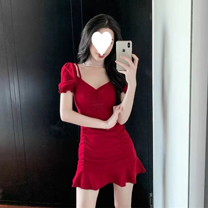 Mini-robe évasée asymétrique à manches bouffantes pour femme – Caraco torsadé en soie