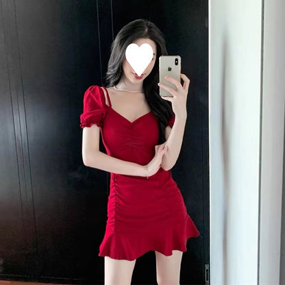 Mini-robe évasée asymétrique à manches bouffantes pour femme – Caraco torsadé en soie