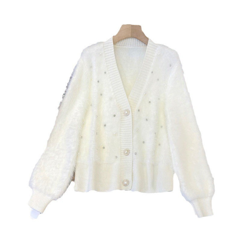 Chanel-Style Beaded Knit Cardigan - Cropped V-Neck Button-Up Sweater Jacket