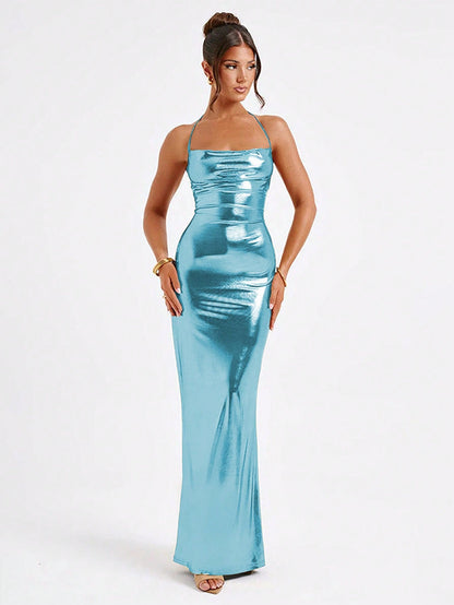 Elegant Solid Color Halter Neckline Chest Cutout Shiny Metallic Backless Dress