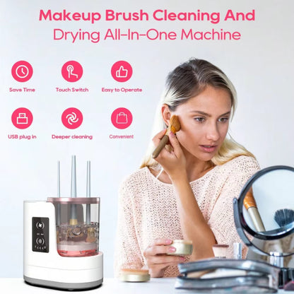 Rechargeable electric makeup brush cleaner for fast, automatic cleaning and drying. Keeps makeup brushes hygienic, soft, and ready to use.