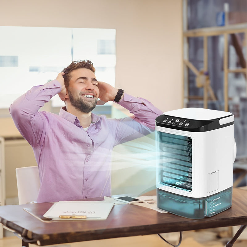 Compact 3-speed mini air cooler with 900ML water tank. Fan + humidifier combo delivers refreshing airflow—perfect for bedrooms, offices, and desks.