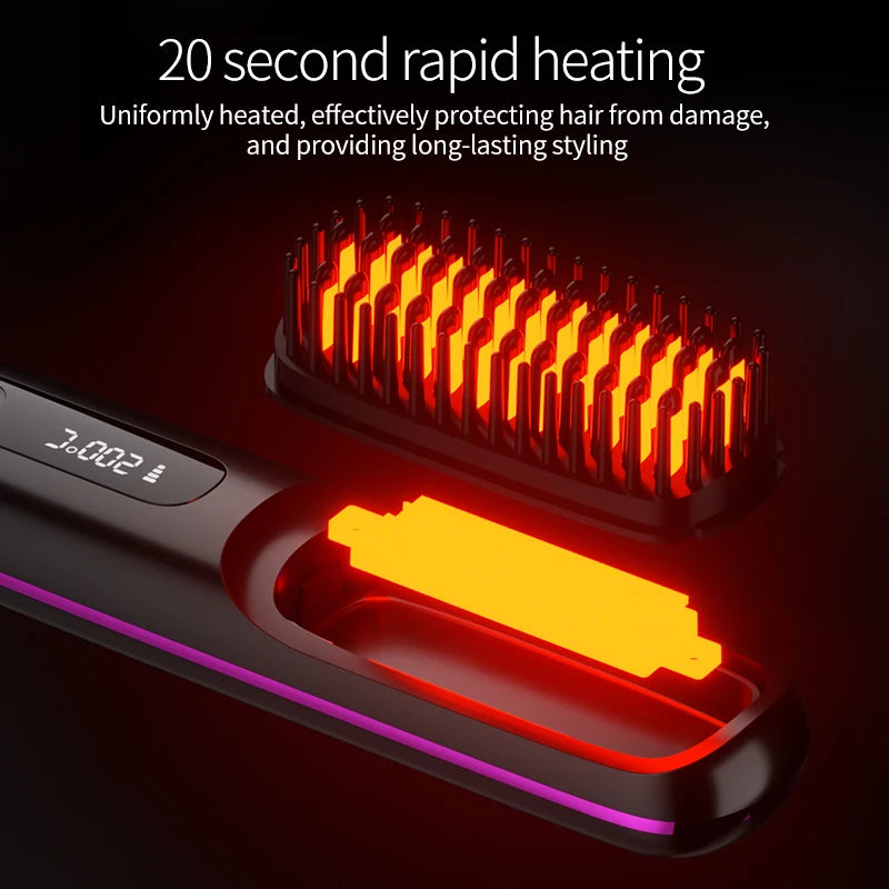 Cordless hair straightener comb with digital adjustable temperature. Safe, easy to use, and perfect for smooth styling at home or while traveling.