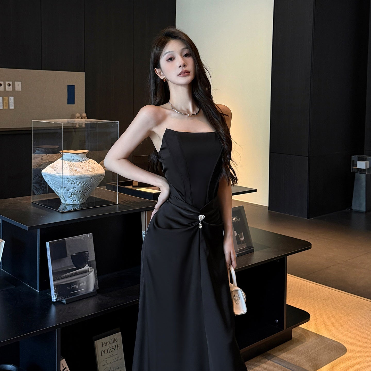 Satin Black Strapless Fishbone Design Hip Hugging Long Skirt - One Shoulder Midi Dress