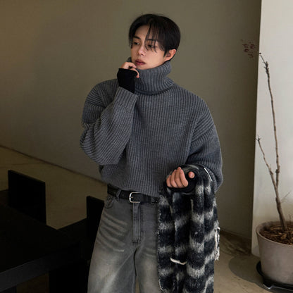 Men’s Mature Style High-Neck Knit Pullover Sweater – Thick Warm Winter Base Layer for Commuter & Everyday Wear