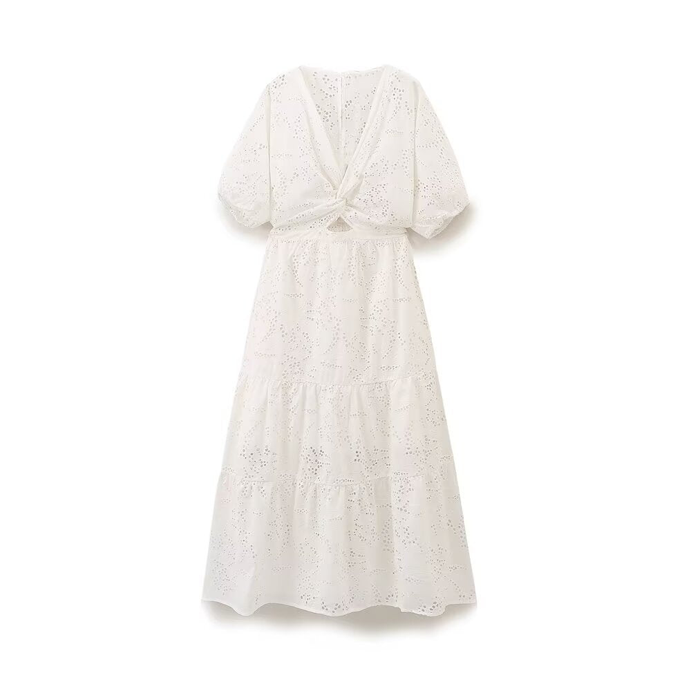 Women's Bow & Hollow Embroidery A-Line Midi Dress | White