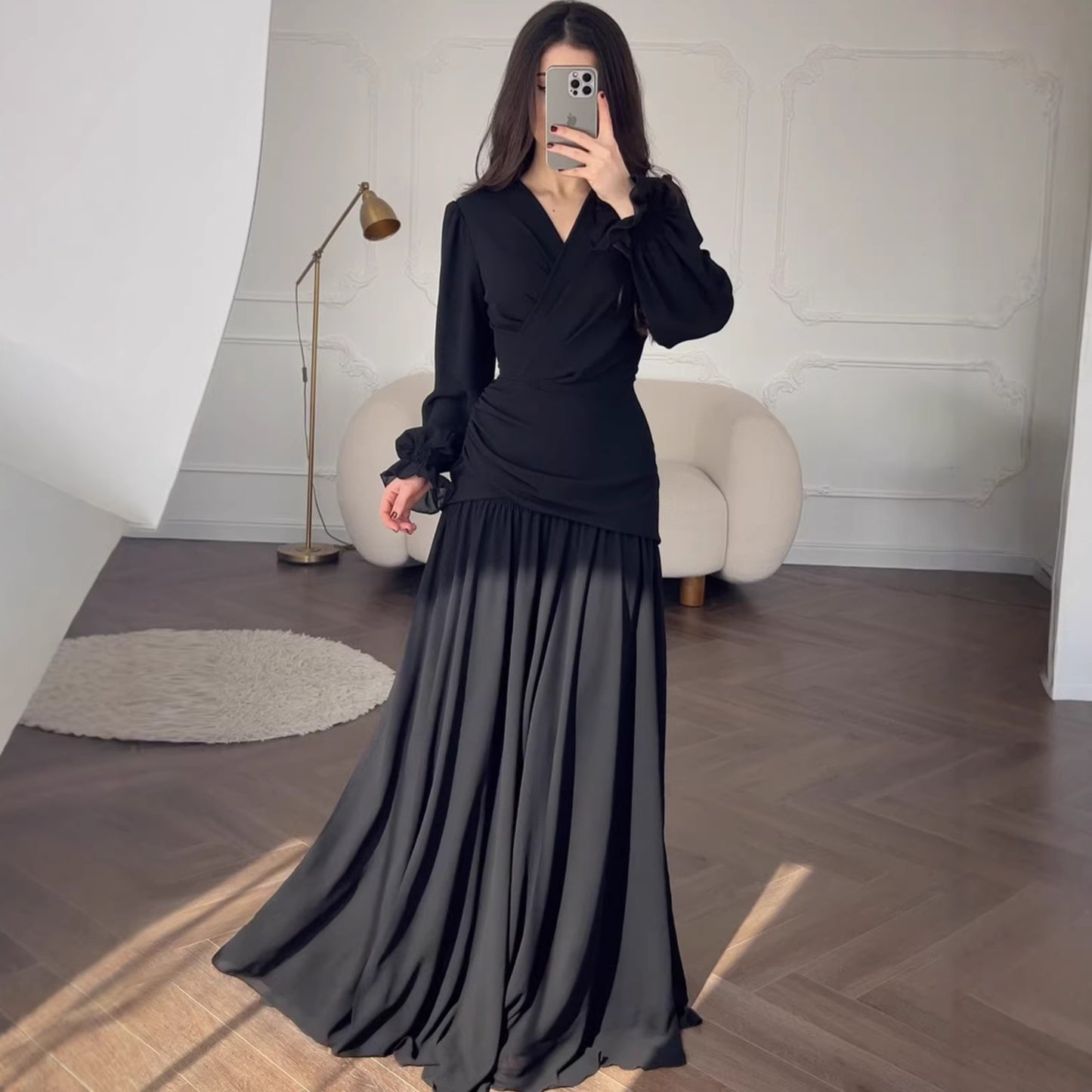 Elegant Polka Dot A-Line Long Sleeve Dress – Square Neck High Waist Women’s Chiffon Dress | Black & Burgundy