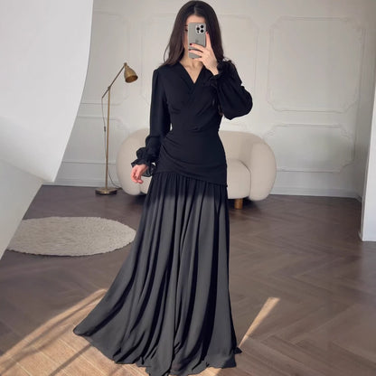 Elegant Polka Dot A-Line Long Sleeve Dress – Square Neck High Waist Women’s Chiffon Dress | Black & Burgundy