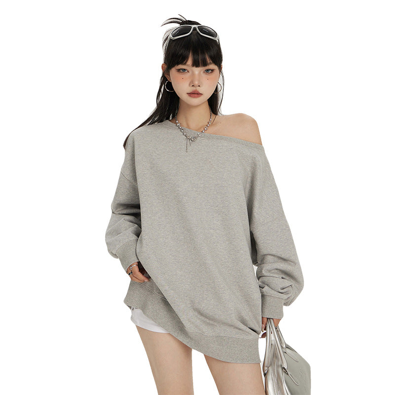 Women's Off Shoulder Sweatshirt – Loose Fit Long Sleeve Cotton Pullover Top