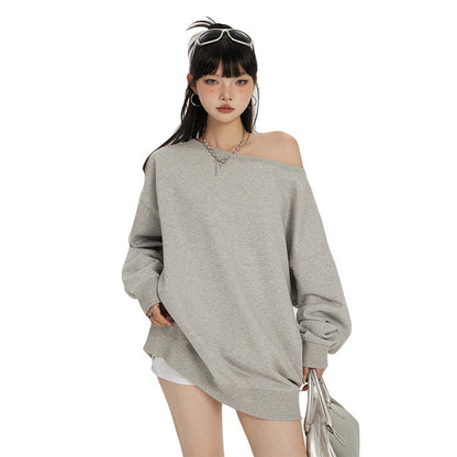 Women's Off Shoulder Sweatshirt – Loose Fit Long Sleeve Cotton Pullover Top