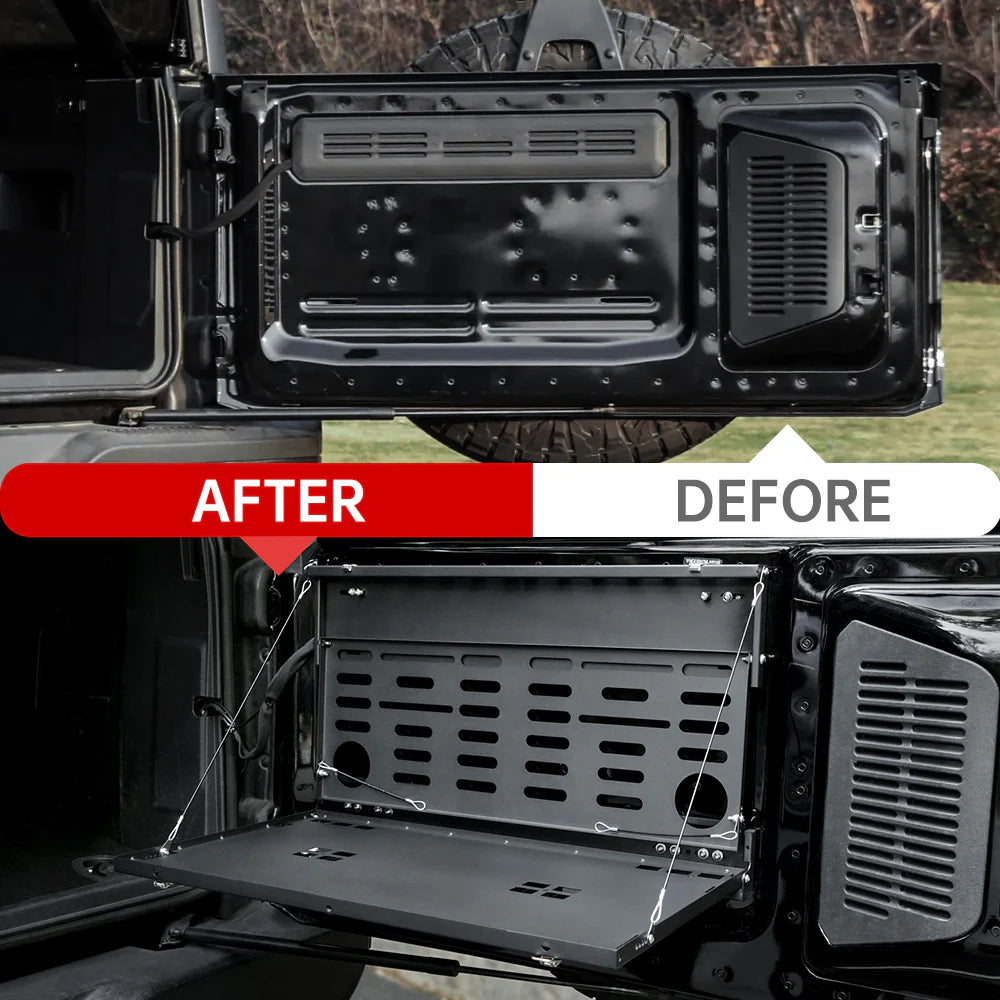 Heavy-duty 2-tier tailgate table with MOLLE panel for Ford Bronco 2021–2024. Ideal for camping, overlanding, and organized outdoor gear storage.