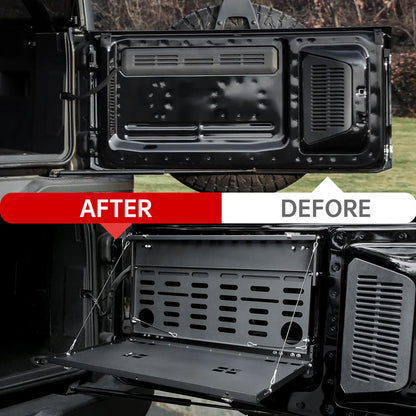 Heavy-duty 2-tier tailgate table with MOLLE panel for Ford Bronco 2021–2024. Ideal for camping, overlanding, and organized outdoor gear storage.