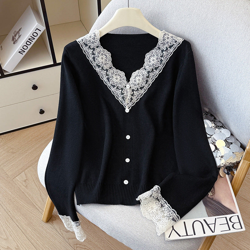 V-Neck Knit Sweater with Button Detail - Long Sleeve Pullover