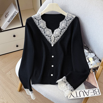 V-Neck Knit Sweater with Button Detail - Long Sleeve Pullover