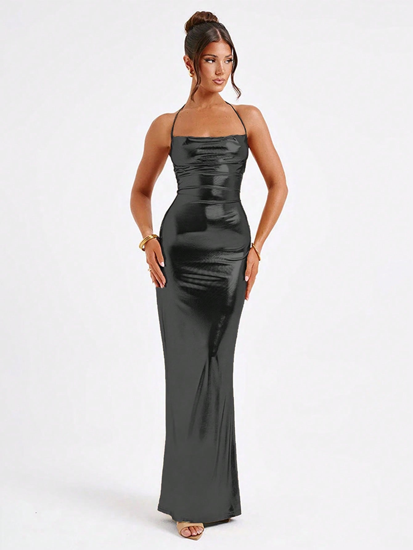 Elegant Solid Color Halter Neckline Chest Cutout Shiny Metallic Backless Dress
