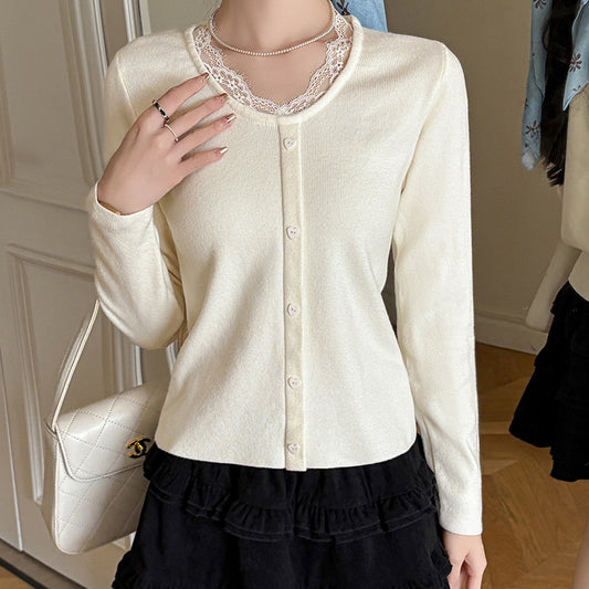 Lace Trim Round Neck Knit Sweater - Long Sleeve Pullover