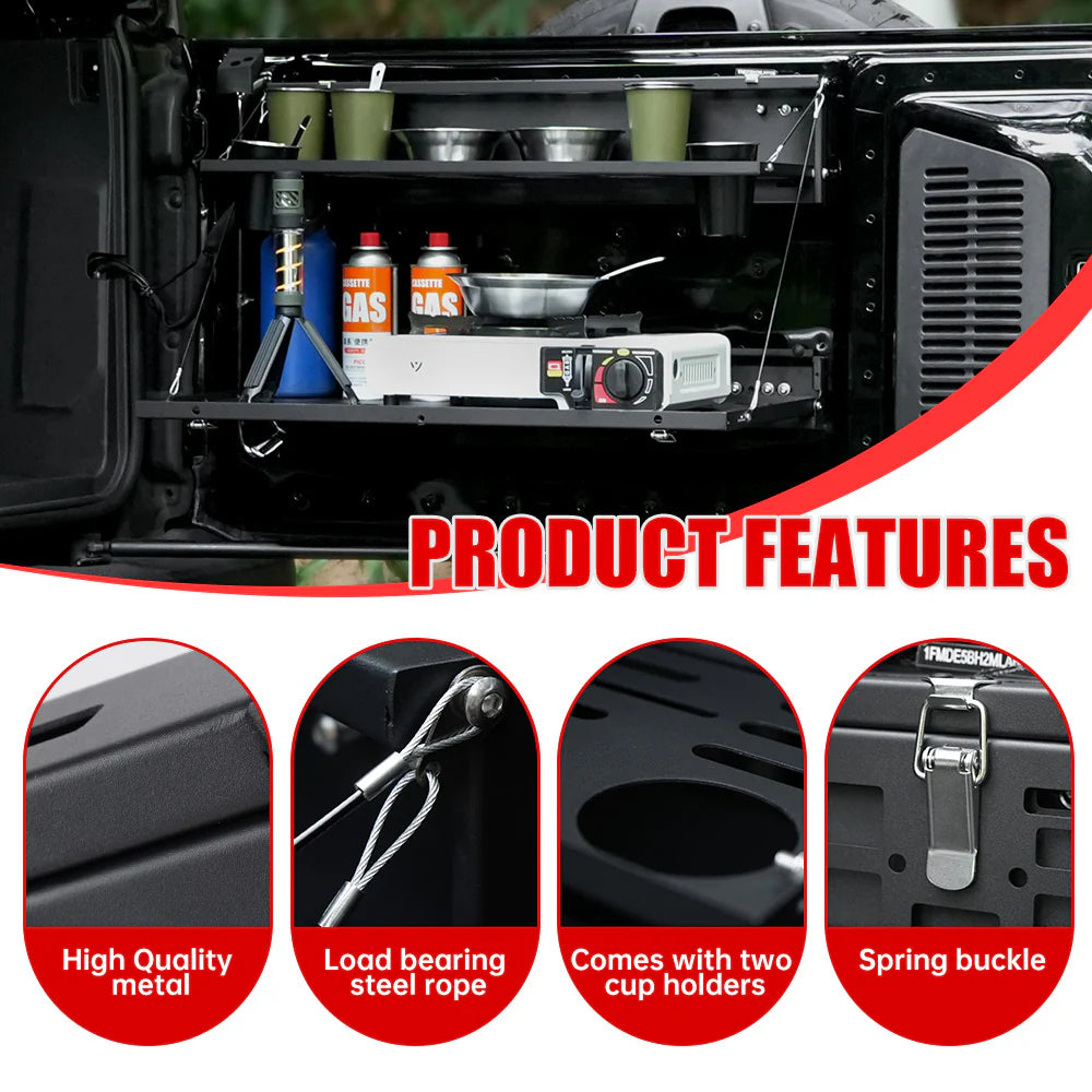 Heavy-duty 2-tier tailgate table with MOLLE panel for Ford Bronco 2021–2024. Ideal for camping, overlanding, and organized outdoor gear storage.