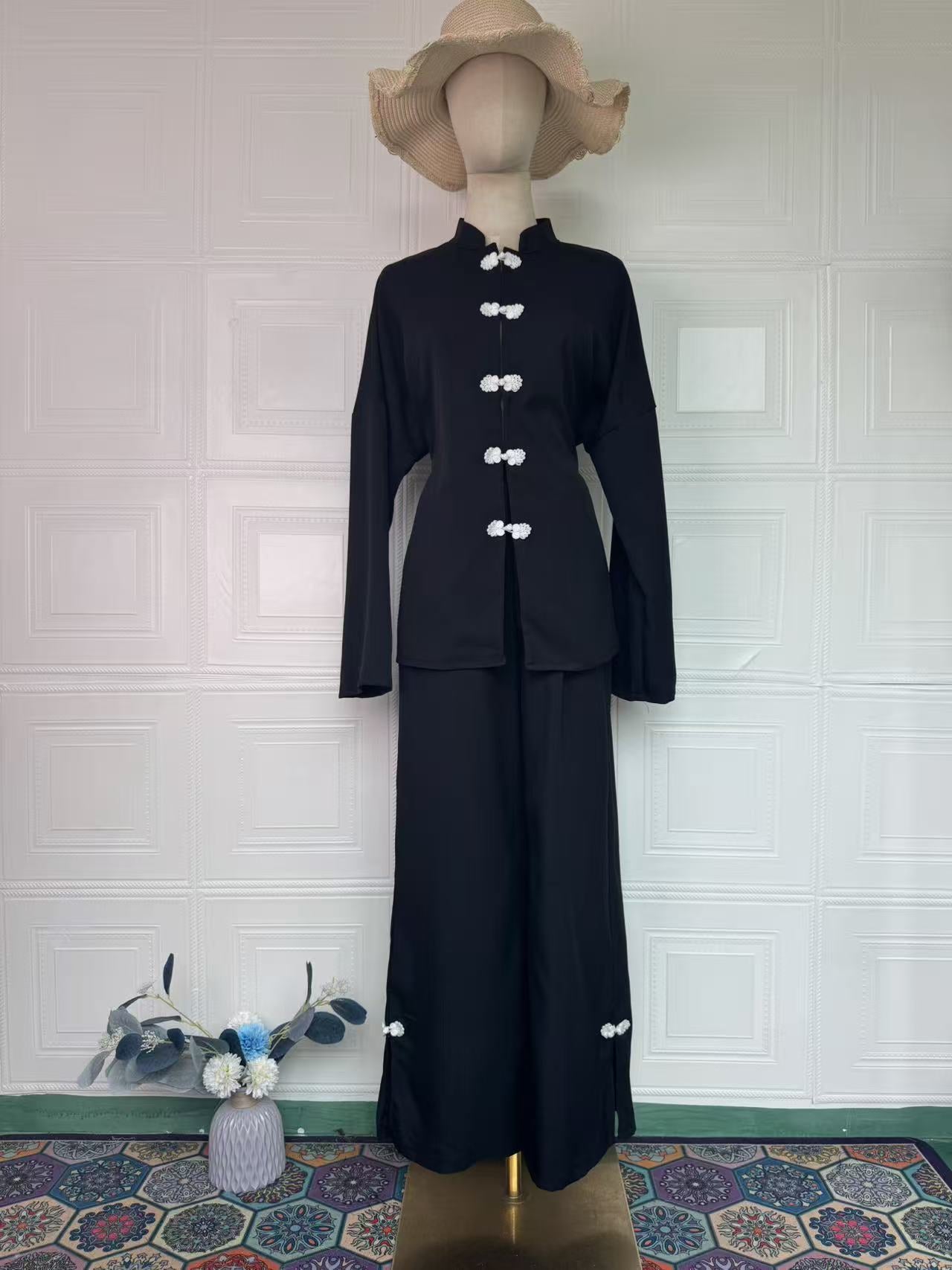 Women's Vintage Long Sleeve Loose Two-Piece Set – Dress & Long Pants, 5 Colors