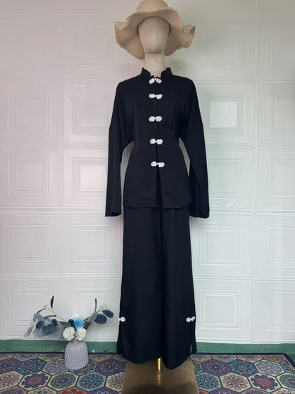 Women's Vintage Long Sleeve Loose Two-Piece Set – Dress & Long Pants, 5 Colors