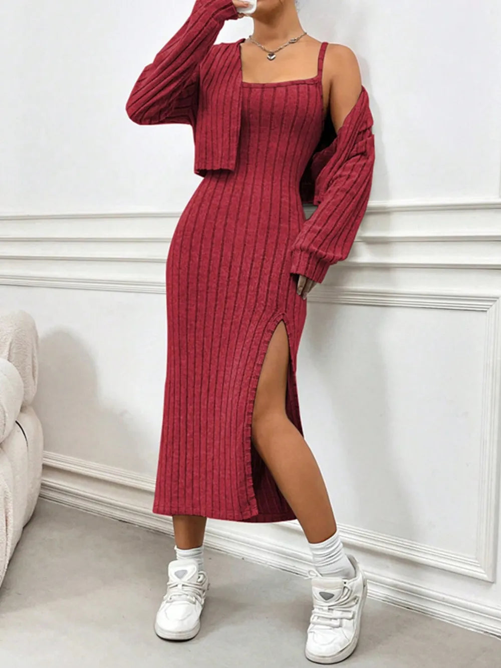 Cropped Cardigan & Slit Cami Dress Set - Long Sleeve Two-Piece Outfit