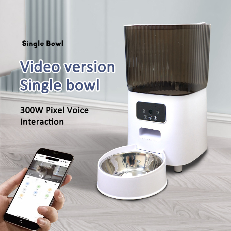 Smart automatic pet feeder with camera, 5L large capacity, and double bowls. App-controlled video feeding with voice recording—perfect for cats and dogs.