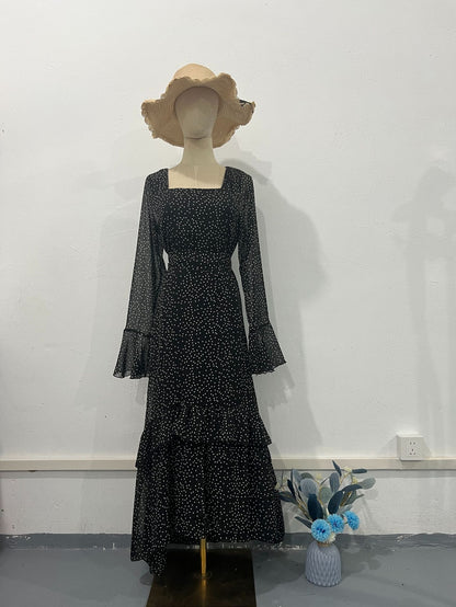 Polka Dot Ruffle Lantern Sleeve Maxi Dress – Elegant Chiffon Patchwork Women’s Spring Dress