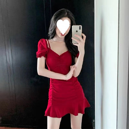Mini-robe évasée asymétrique à manches bouffantes pour femme – Caraco torsadé en soie