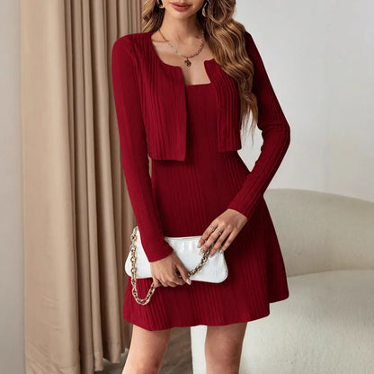 Ribbed Cardigan & Cami Dress Set - Long Sleeve Cropped Two-Piece Outfit
