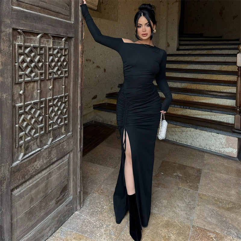 Women's Off Shoulder Asymmetric Neck Long Sleeve Maxi Dress – Straight Silhouette Milk Silk