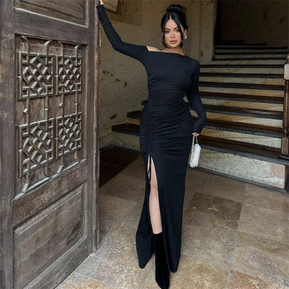 Women's Off Shoulder Asymmetric Neck Long Sleeve Maxi Dress – Straight Silhouette Milk Silk