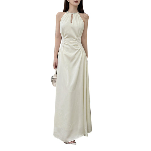 Hanging Neck Satin French Minimalist Elegant Long Skirt - Apricot Midi Dress