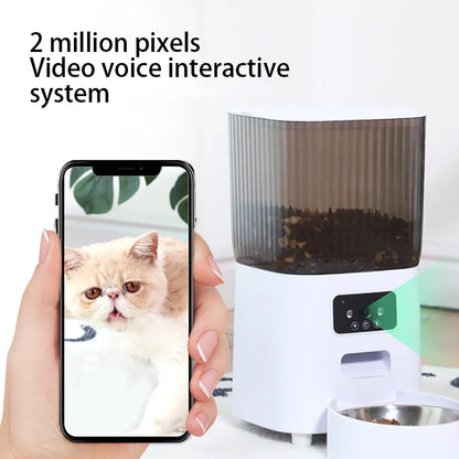 Smart automatic pet feeder with camera, 5L large capacity, and double bowls. App-controlled video feeding with voice recording—perfect for cats and dogs.