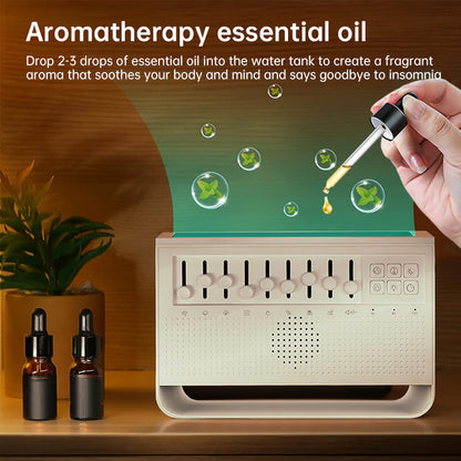 Haut-parleur Bluetooth multifonction avec bruit blanc, sons naturels, veilleuse douce et humidificateur. Idéal pour le sommeil, la détente et l’ambiance de la maison.