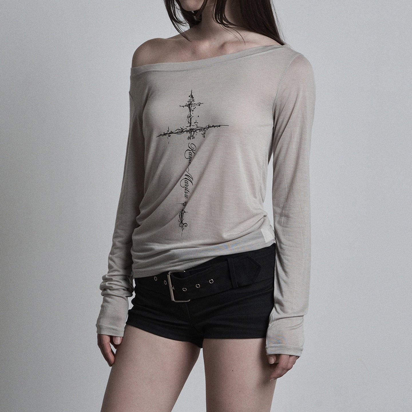 Women's Cross Print Slanted Neck Off Shoulder Long Sleeve Top