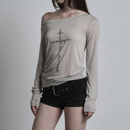 Women's Cross Print Slanted Neck Off Shoulder Long Sleeve Top