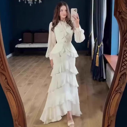 Waist Cinching Mermaid Maxi Dress – Lantern Sleeve Stand Collar Women’s Long Dress | 5 Colors