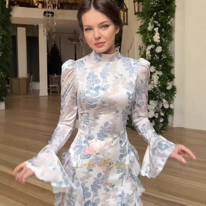 Women's Floral Print Satin Long Sleeve Bodycon Maxi Dress – Blue Leaves Tie Detail