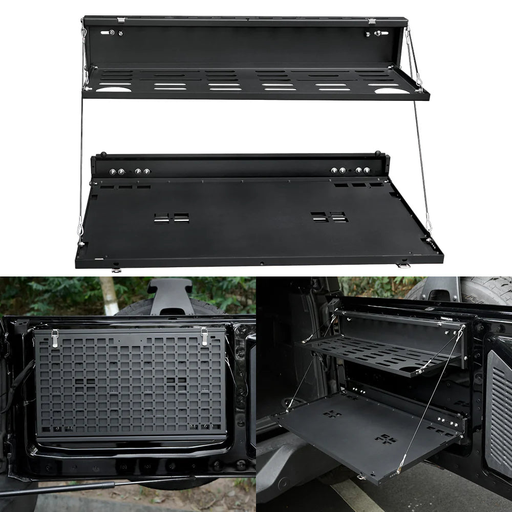 Heavy-duty 2-tier tailgate table with MOLLE panel for Ford Bronco 2021–2024. Ideal for camping, overlanding, and organized outdoor gear storage.