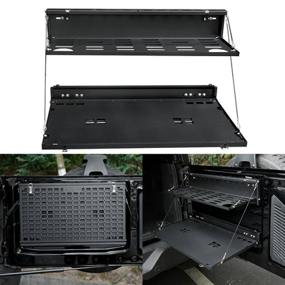 Heavy-duty 2-tier tailgate table with MOLLE panel for Ford Bronco 2021–2024. Ideal for camping, overlanding, and organized outdoor gear storage.