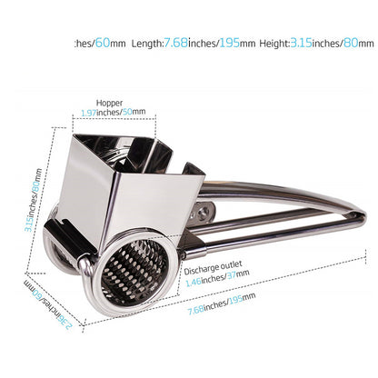 Metallic kitchen tool with dimensions labeled on a white background

