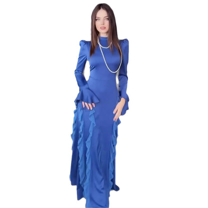 Women's Half High Neck Satin Chiffon Court Tie-Up Maxi Dress – Elegant Long Sleeve Gown