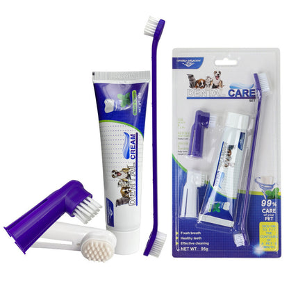 Complete pet dental care set with toothpaste, toothbrush, and finger brush. Gently cleans teeth, reduces plaque, and keeps dog and cat breath fresh.