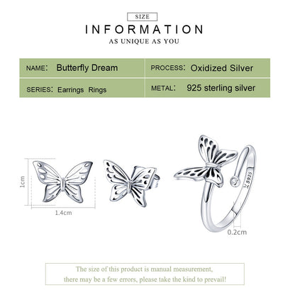 925 Sterling Silver Vintage Butterfly Jewelry Set – Elegant Ring & Earrings for Wedding, Engagement & Special Occasions
