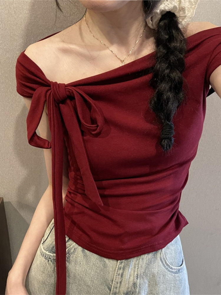 Women's Off Shoulder Strap Short Top – Slim Fit One-Word Collar Rayon Blouse