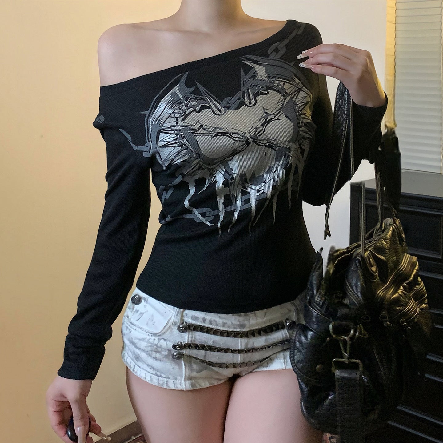 Women's Off Shoulder Oblique Collar Long Sleeve Shirt – Subculture Print Polyester Top