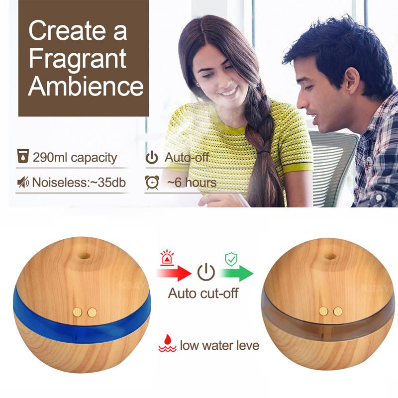 Wooden Aroma Humidifier with LED Light – USB Ultrasonic Essential Oil Diffuser (290ml)