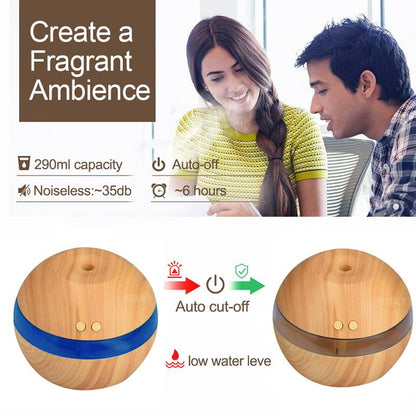 Wooden Aroma Humidifier with LED Light – USB Ultrasonic Essential Oil Diffuser (290ml)